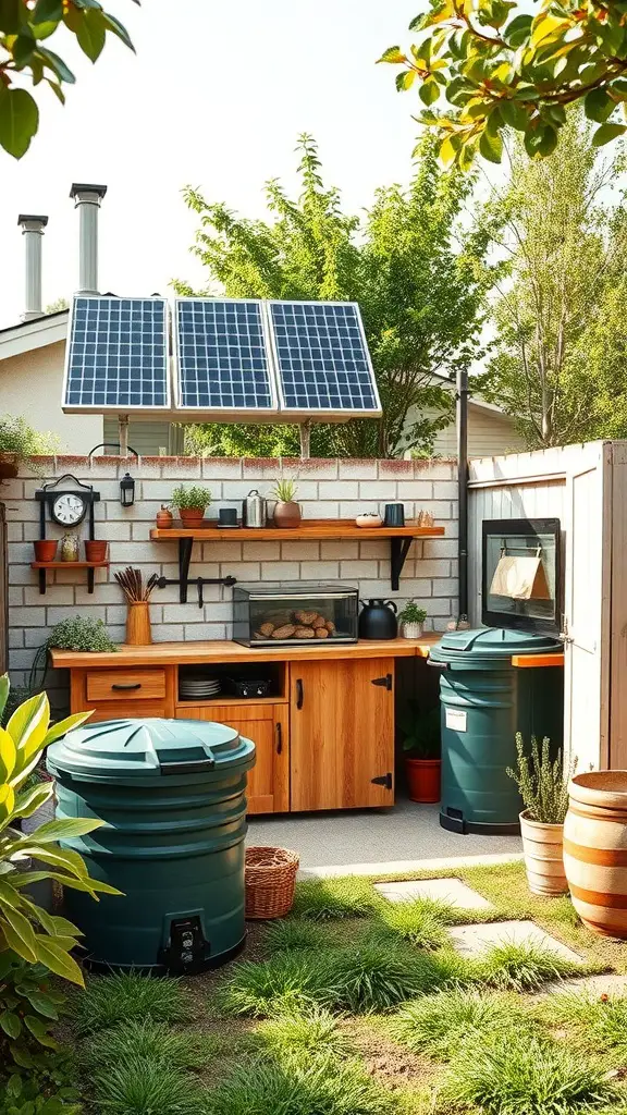 23+ Inspiring Backyard Kitchen Ideas to Elevate Your Outdoor Cooking Experience 5 A sustainable backyard kitchen featuring solar panels, compost bins, and a wooden countertop surrounded by greenery.