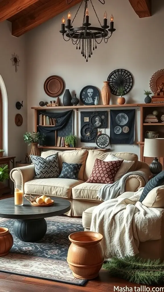 31+ Magical Decor Ideas for a Witchy Living Room 13 A cozy witchy living room with a chandelier, plants, and mystical decor.