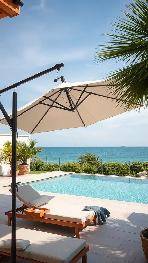 17+ Creative Patio Umbrella Ideas for Your Outdoor Space 9 A cantilever umbrella providing shade over a poolside lounge area with an ocean view.