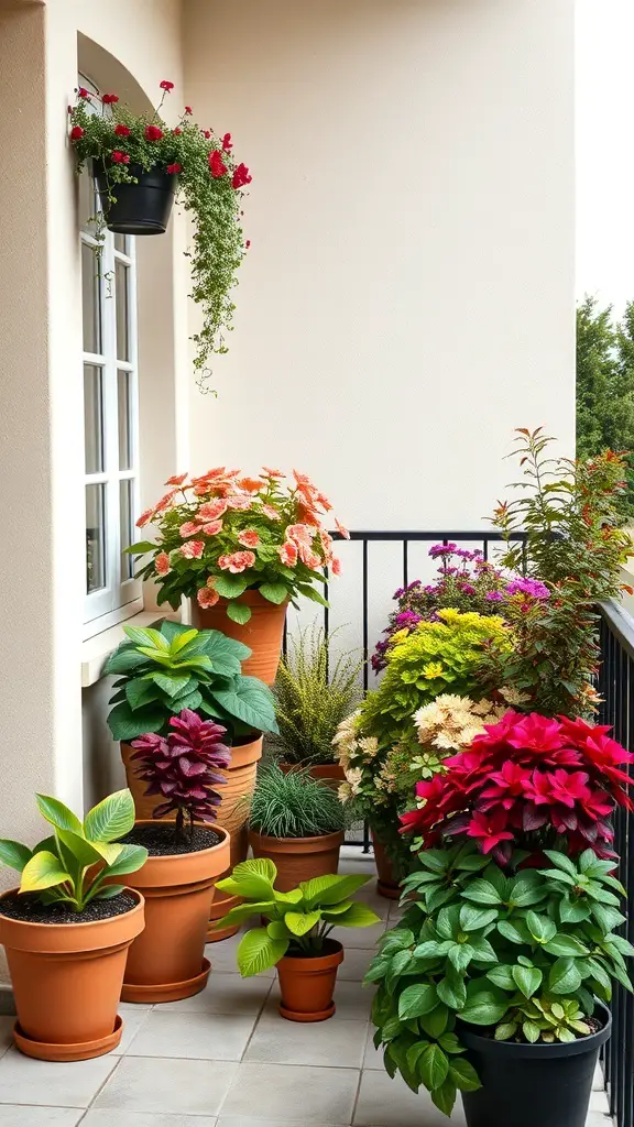 A vibrant balcony garden with various potted plants, showcasing seasonal flowers and greenery.