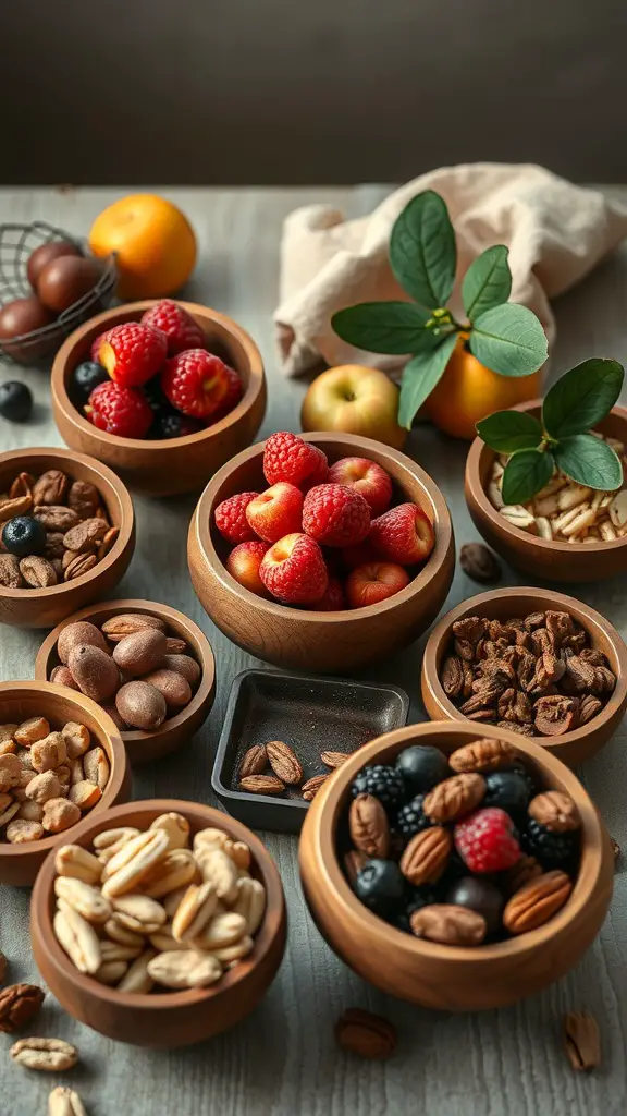 27+ Creative Fall Wood Crafts to Make This Season 11 A collection of wooden bowls filled with fruits and nuts, arranged on a table.