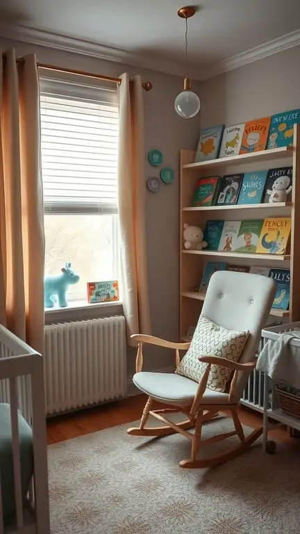 27+ Adorable Gender Neutral Baby Nursery Ideas You’ll Love 14 A cozy reading nook in a gender-neutral baby nursery featuring a rocking chair, colorful books on a shelf, and a soft atmosphere.