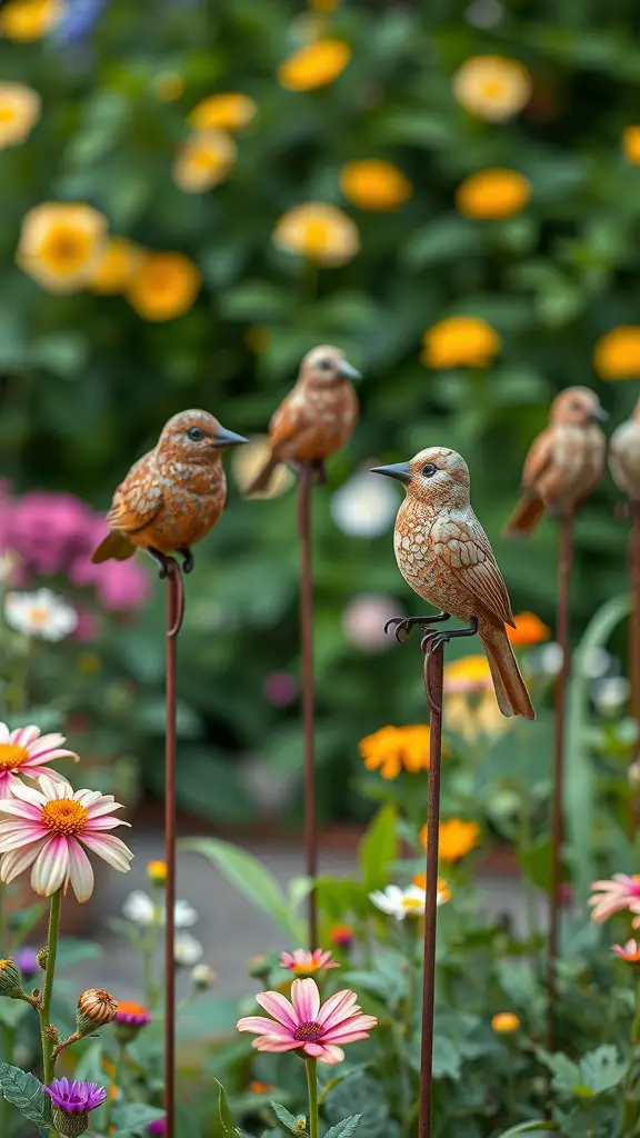 19+ Stunning Rusty Metal Garden Art Pieces to Transform Your Outdoor Space 7 Rusty metal bird sculptures in a colorful garden with flowers
