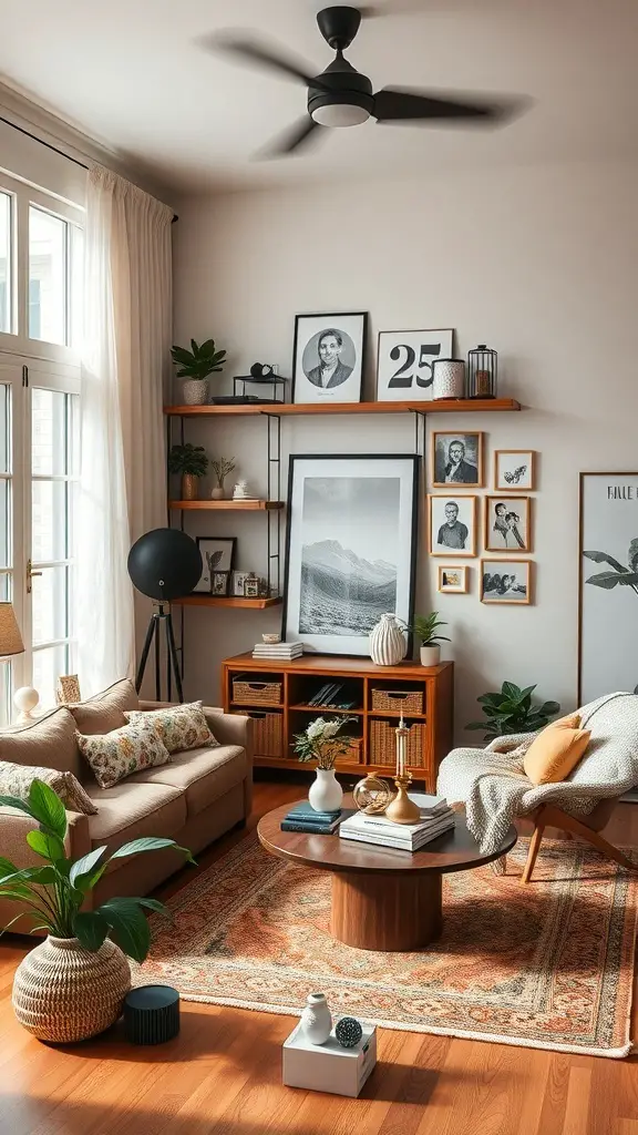 27+ Stunning Pottery Barn Living Room Ideas You’ll Love 14 A cozy living room with a mix of textures, framed artwork, plants, and decorative items.