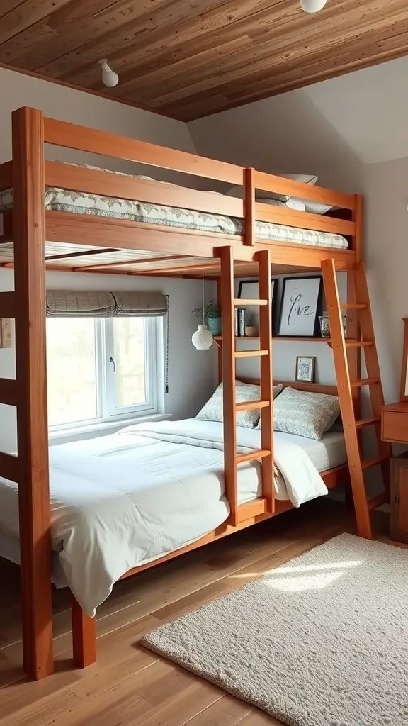 A stylish loft bed with a wooden frame, featuring a cozy upper sleeping area and a comfortable lower space, illuminated by natural light.