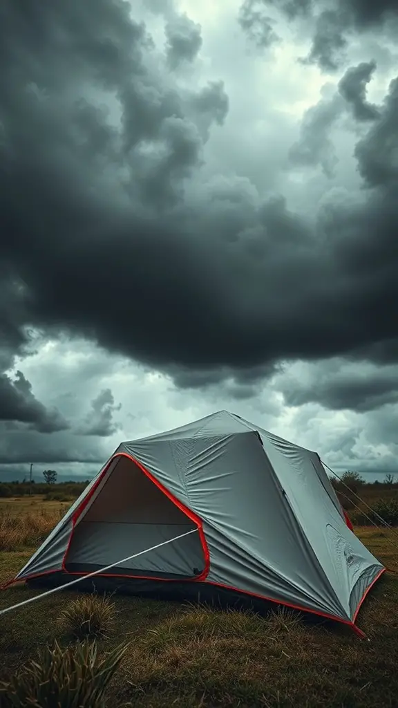 25+ Creative Tent Camping Setup Ideas for Your Next Adventure 15 A weatherproof tent set up under dark, cloudy skies.