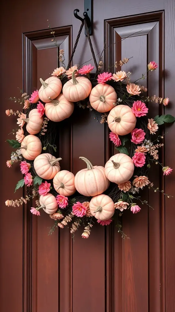 20+ Adorable Pink Pumpkin Baby Shower Ideas 10 A beautiful pink pumpkin wreath adorned with flowers, hanging on a wooden door.