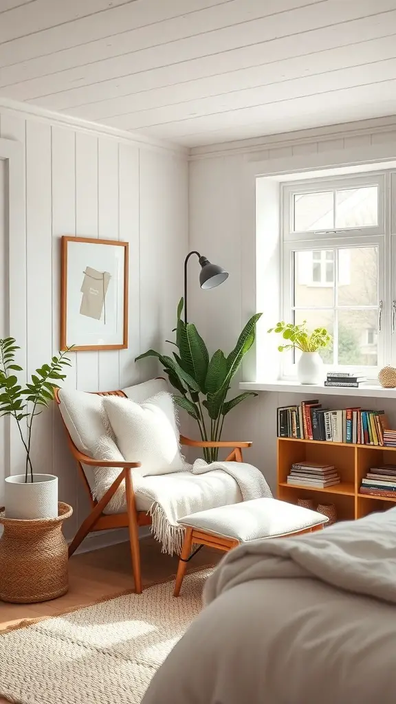 25+ Must-Have Items for a Cozy Scandinavian Bedroom 11 A cozy reading nook in a Scandinavian bedroom with a comfortable chair, plants, and a bookshelf.