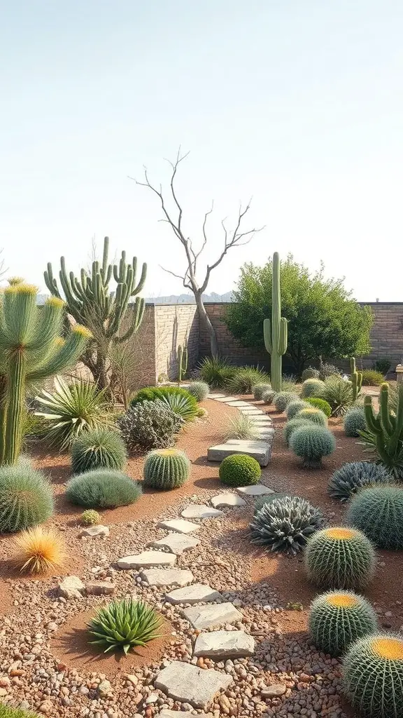 27+ Creative Xeriscape Landscaping Ideas for a Sustainable Garden 9 A xeriscape garden featuring various cacti and succulents with a stone path.