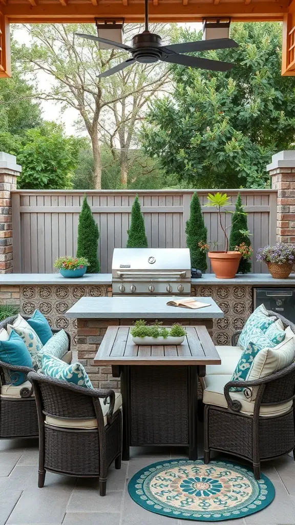 Outdoor grill island with comfortable seating and a stylish table