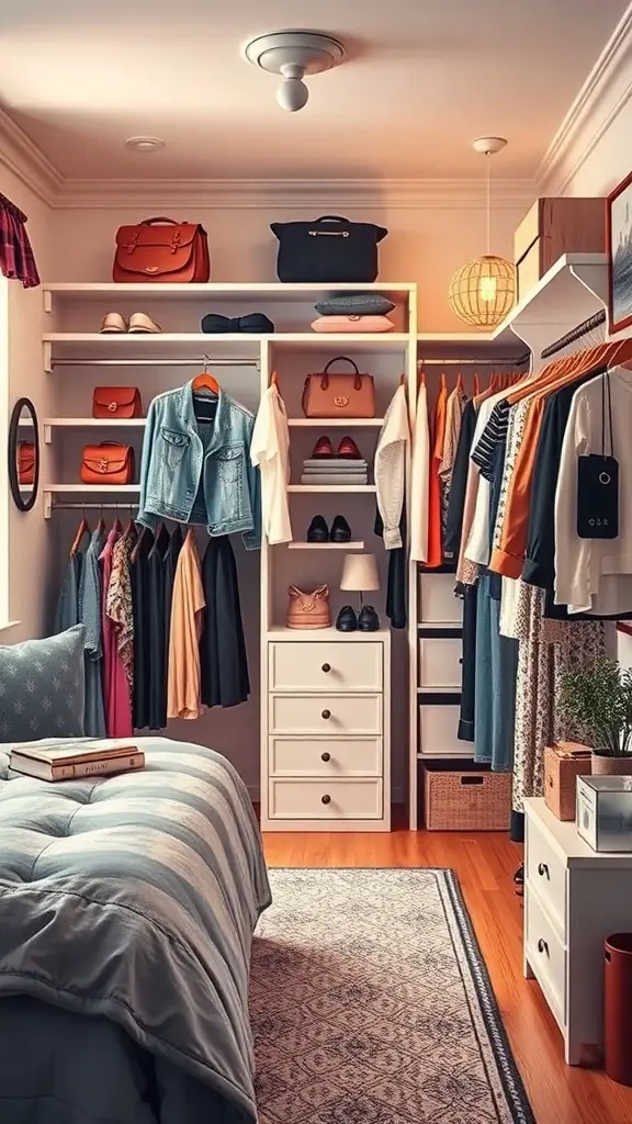 25+ Creative Bloxburg Teen Room Ideas You’ll Love 7 A stylish teen room featuring a well-organized closet with clothes, bags, and shoes, alongside a cozy bed.