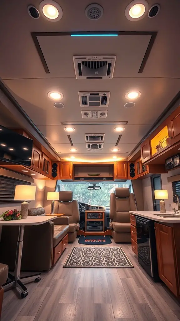 23+ Cozy RV Living Room Ideas for Ultimate Comfort 10 A well-lit RV living room showcasing various lighting options.