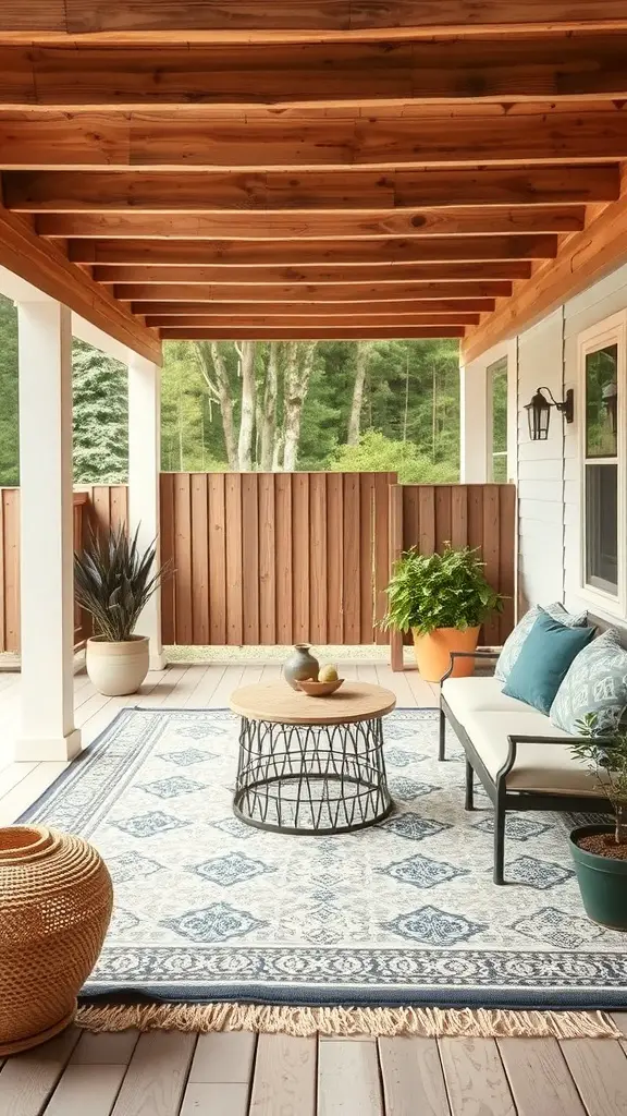 19+ Stunning Decks with Patios Underneath for Your Outdoor Oasis 14 Cozy patio area with outdoor rug, coffee table, and potted plants