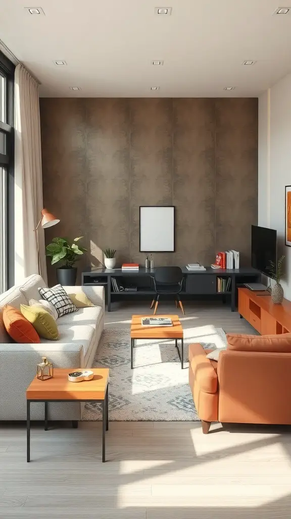 27+ Stunning Pottery Barn Living Room Ideas You’ll Love 12 A stylish living room featuring a gray sofa, orange armchair, and a sleek black console table.
