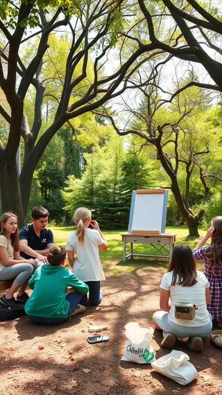 15 Inspiring Outdoor Learning Spaces for Creative Education 2 Students sitting on the ground in a nature-based classroom, engaging with a blank canvas on an easel under trees.