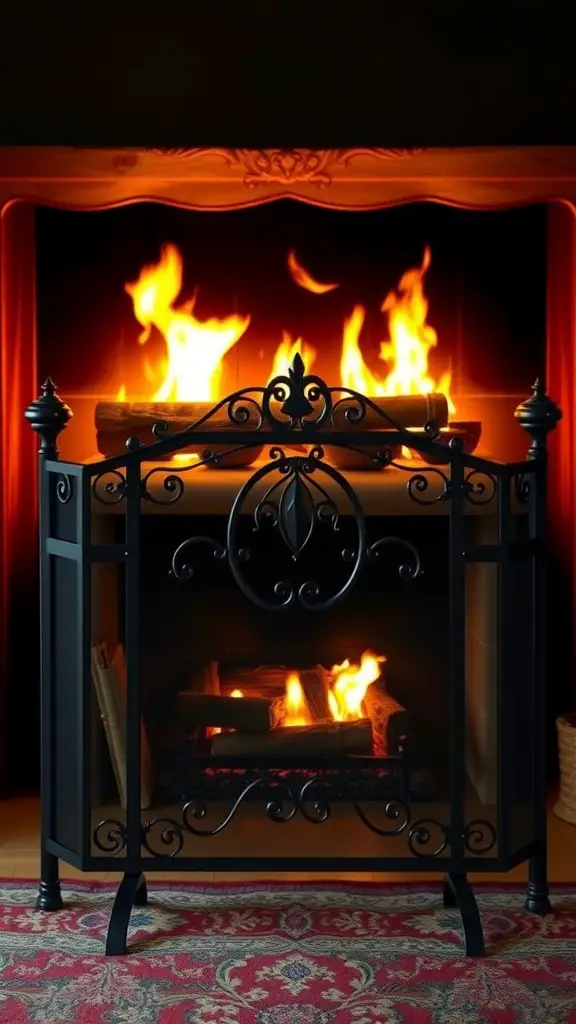 27+ Stylish Fireplace Decor Ideas You’ll Love 2 A decorative black metal fireplace screen in front of a cozy fire.