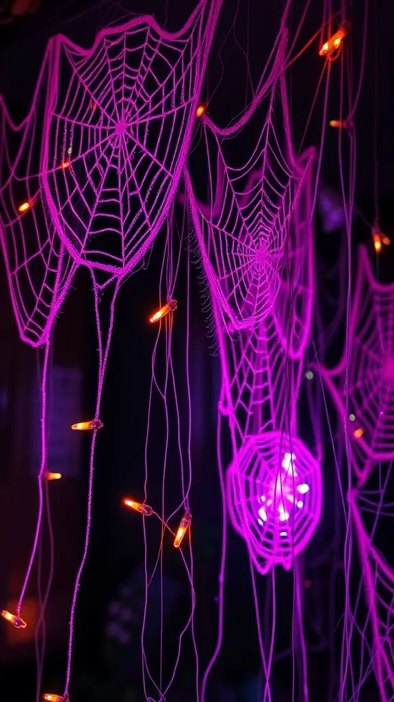 23+ Stunning Pink Halloween Decor Ideas for a Unique Celebration 6 Pink spider webs with orange lights for Halloween decor