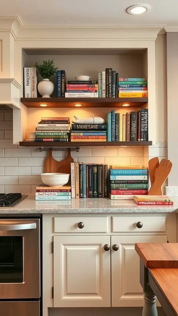 27+Creative Ideas for Decorating Space Above Kitchen Cabinets 10 A cozy kitchen display featuring stacked cookbooks above cabinets with a small plant.