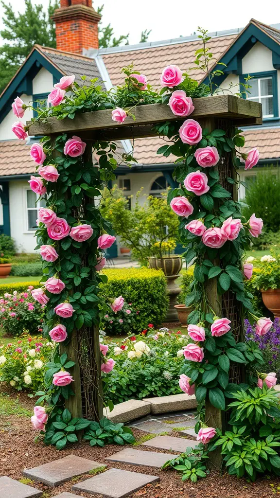 21+ Cottagecore Garden Essentials for a Whimsical Outdoor Retreat 9 A vintage wooden trellis adorned with pink roses in a lush garden setting.