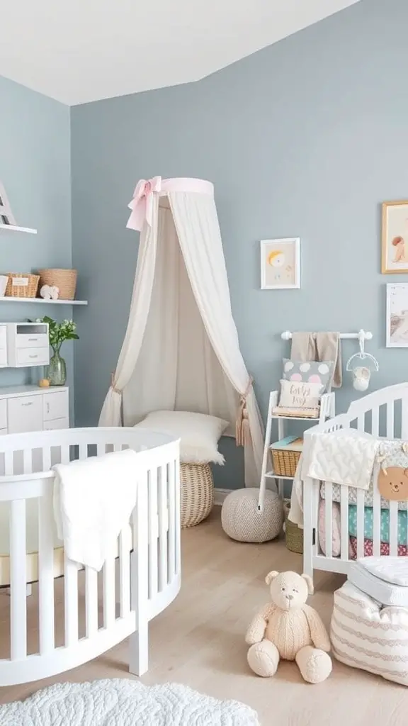23+ Stunning Dusty Blue Bedroom Ideas to Transform Your Space 16 A cozy dusty blue nursery featuring a white crib, decorative bunting, and plush toys.
