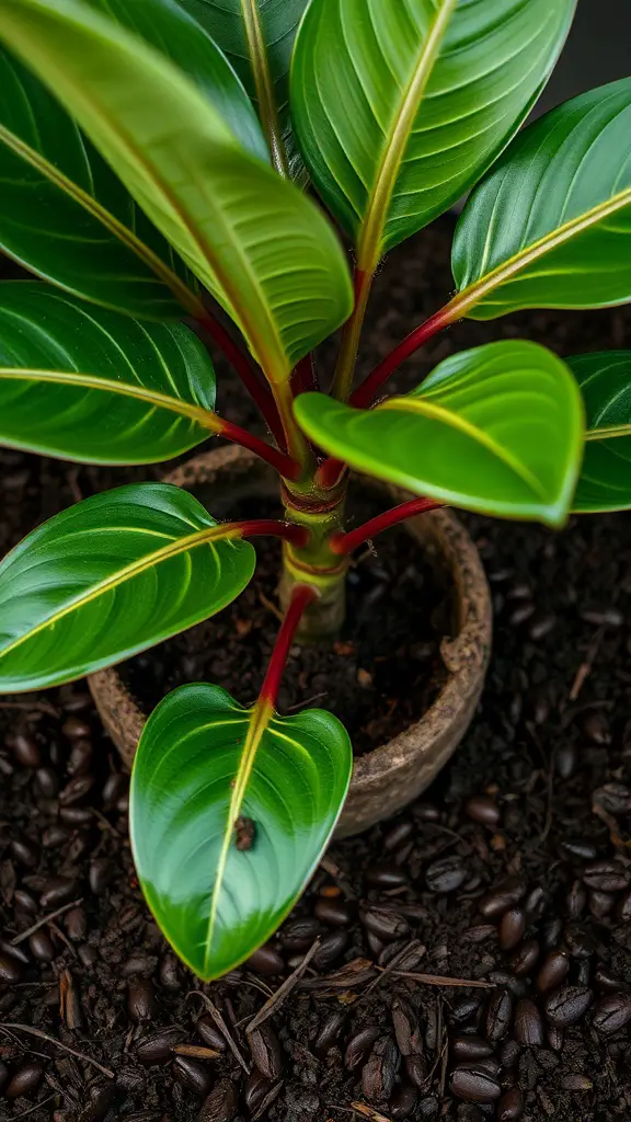 A rubber plant with glossy green leaves in a pot, surrounded by coffee grounds.