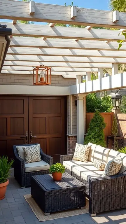 17+ Inspiring Garage Pergola Ideas for Your Outdoor Space 9 A cozy outdoor seating area under a pergola with comfortable furniture and plants.