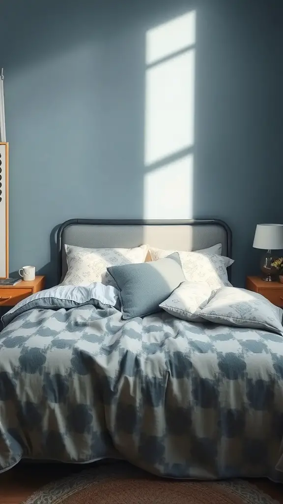 23+ Stunning Dusty Blue Bedroom Ideas to Transform Your Space 12 A cozy dusty blue bedroom with a bed featuring patterned pillows and a duvet.