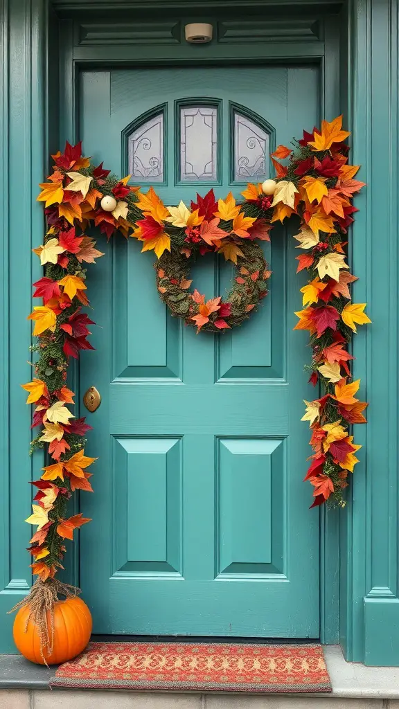 19+ Creative DIY Fall Door Hanger Ideas to Welcome the Season 7 A teal door adorned with a colorful autumn leaves garland and a pumpkin.