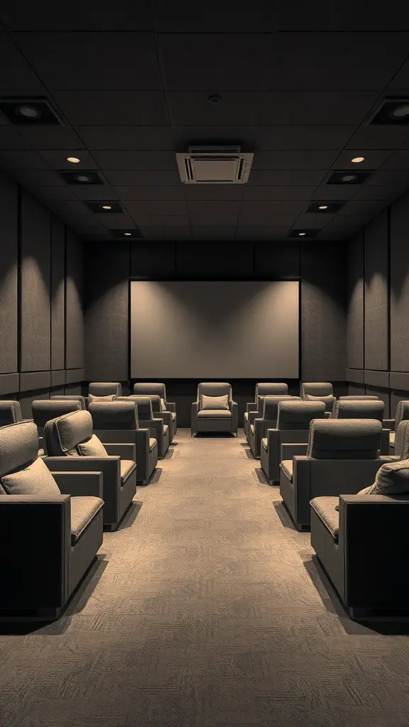 A soundproofed media room with modern seating and a large screen.