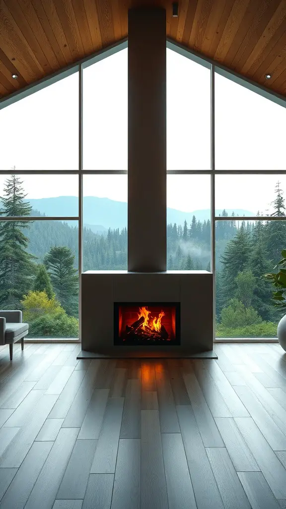 25+ Cozy Living Room Fireplace Ideas for a Warm Atmosphere 11 Modern fireplace in a living room with large windows overlooking a forested landscape.