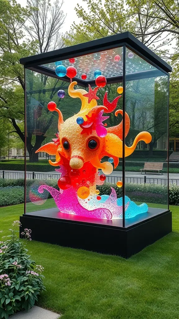 People interacting with large glass panels in an outdoor art installation