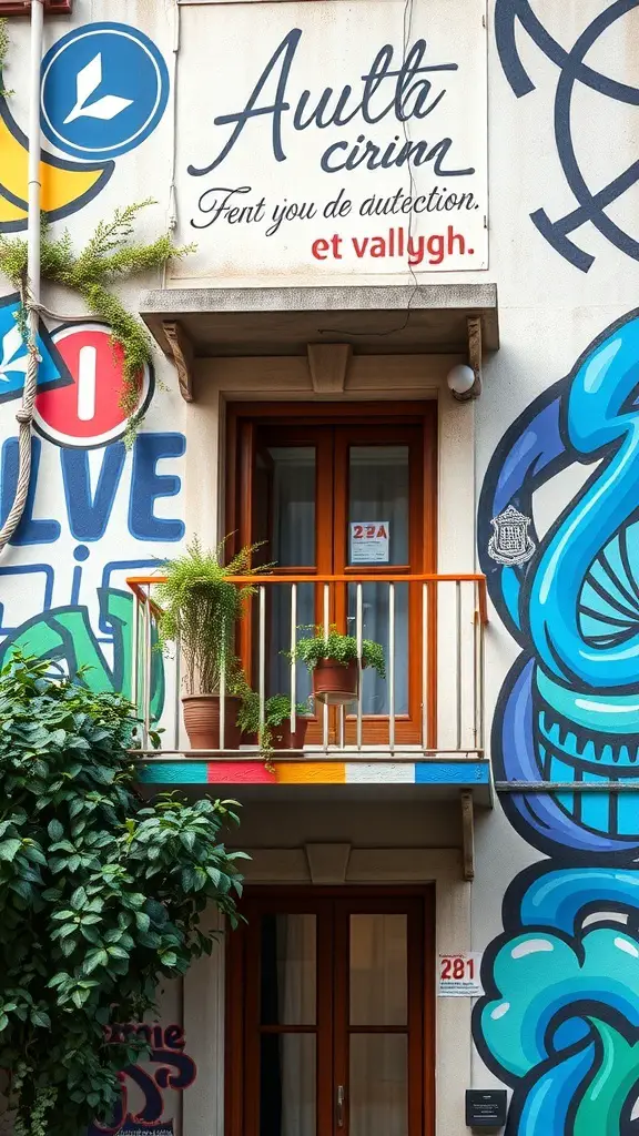 A balcony with artistic wall murals and greenery