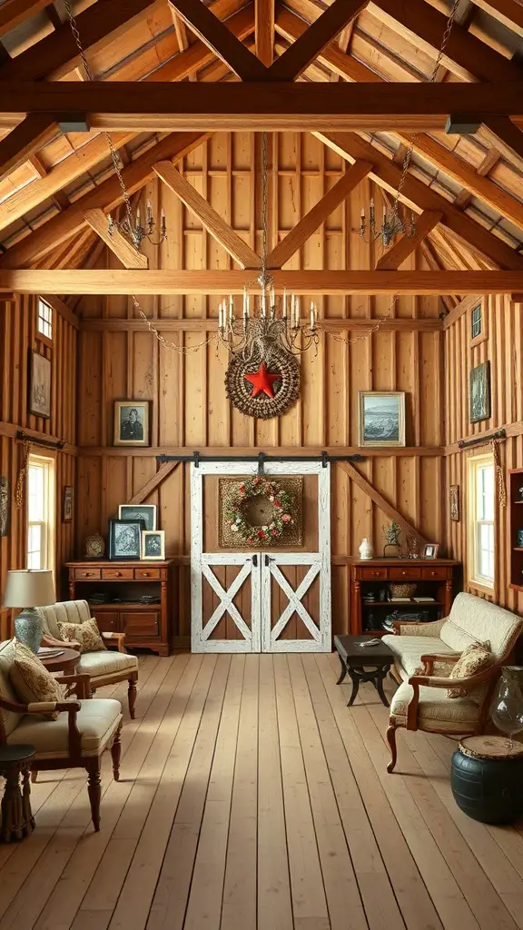 19+ Charming Barndominium Ideas for Cozy Living 17 Cozy interior of a small barndominium featuring wooden beams, a chandelier, and personalized decor.