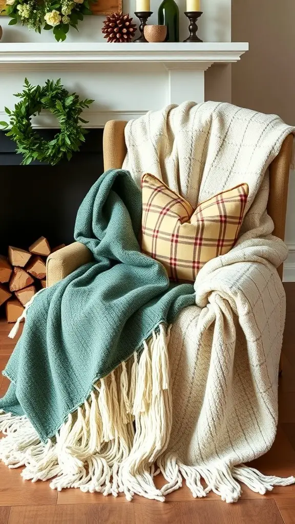 23+ Stunning Farmhouse Fireplace Decor Ideas to Transform Your Home 2 A cozy chair with soft blankets and a plaid pillow, set near a fireplace.
