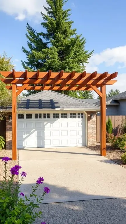 17+ Inspiring Garage Pergola Ideas for Your Outdoor Space 12 A freestanding wooden pergola in front of a garage, surrounded by flowers and trees.