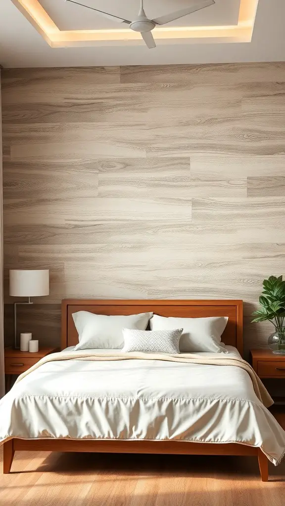A cozy Stockholm-style bedroom featuring a textured wooden wall, a wooden bed frame, and soft bedding.