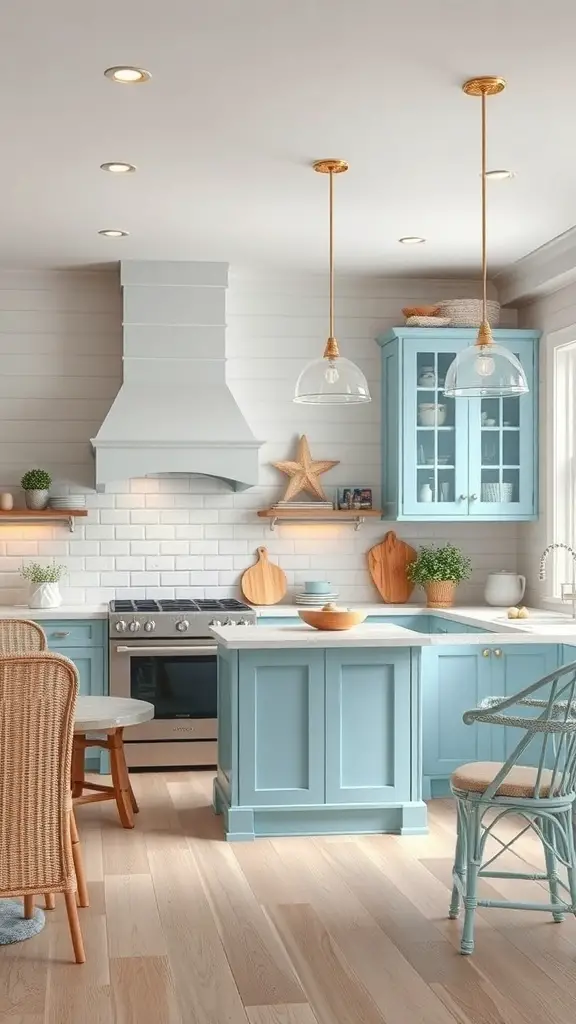 23+ Creative Bloxburg Kitchen Ideas to Transform Your Space 13 A coastal inspired kitchen with blue cabinetry and natural wood accents