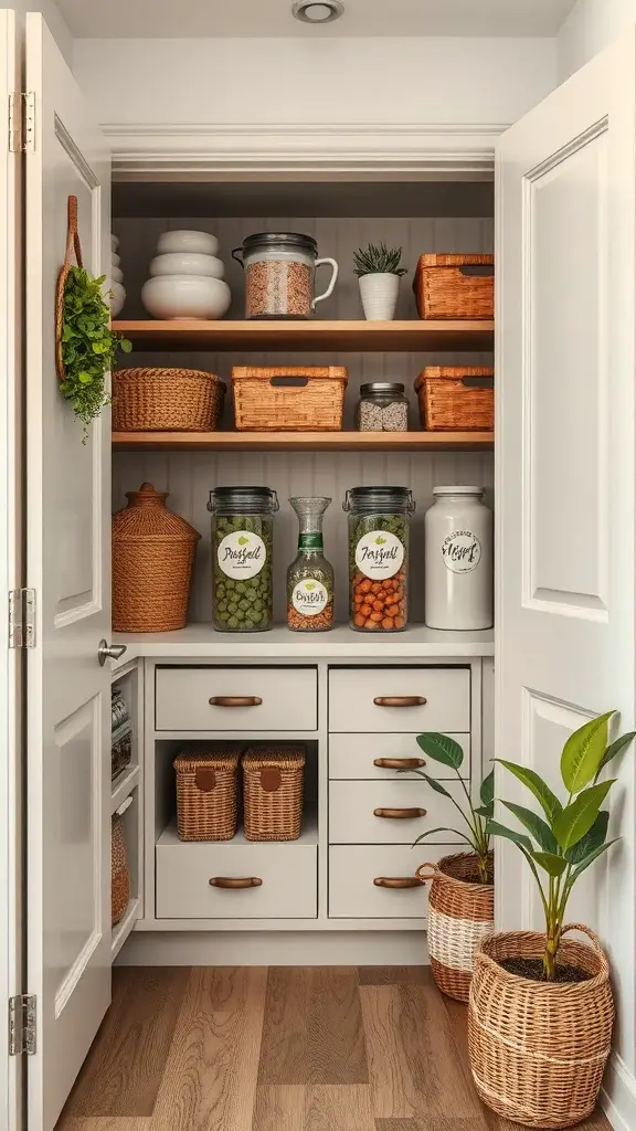 25+ Creative Built-In Pantry Cabinet Wall DIY Ideas 13 A well-organized pantry cabinet with jars, baskets, and plants.