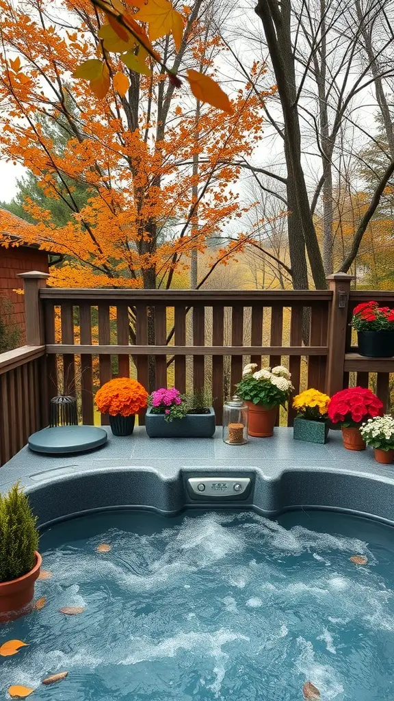 23+ Stunning Hot Tub Deck Designs to Elevate Your Outdoor Oasis 16 A cozy hot tub deck surrounded by colorful flowers and autumn leaves.