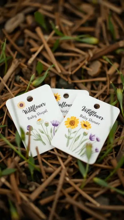 29+ Homegrown Baby Shower Theme Ideas with 15 Must-Have Items 12 Wildflower seed packets for a baby shower, featuring colorful flower illustrations.