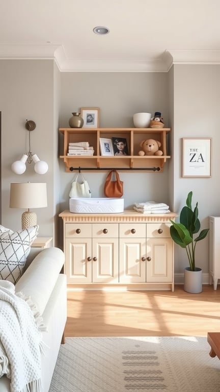 21+ Creative Baby Changing Station Ideas for Every Nursery 17 A stylish baby changing station in a shared living space, featuring a light-colored changing table, teddy bear, and organized essentials.