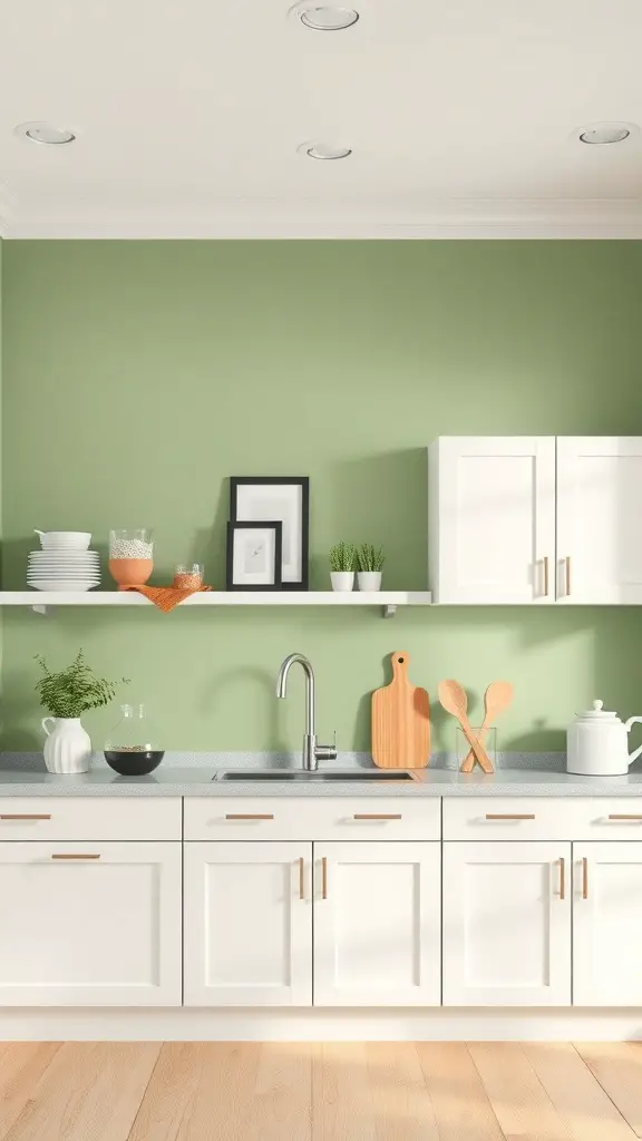 29+ Stunning Sage Green Kitchen Ideas to Transform Your Space 7 A kitchen featuring a sage green accent wall, white cabinets, and wooden accents.
