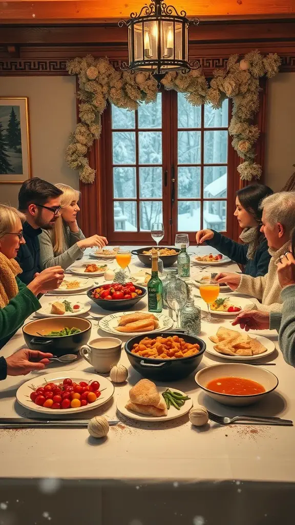 21+ Fun Winter Birthday Party Ideas for All Ages 15 A cozy winter potluck dinner with friends and family gathered around a table filled with various dishes.