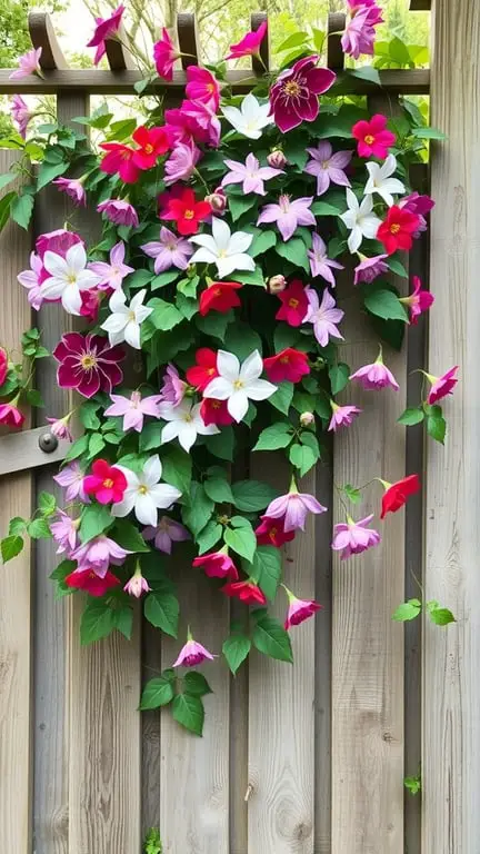 19+ Stunning Backyard Plants to Grow Along Your Fence 17 A vibrant display of clematis flowers in red, pink, and white climbing over a wooden fence.