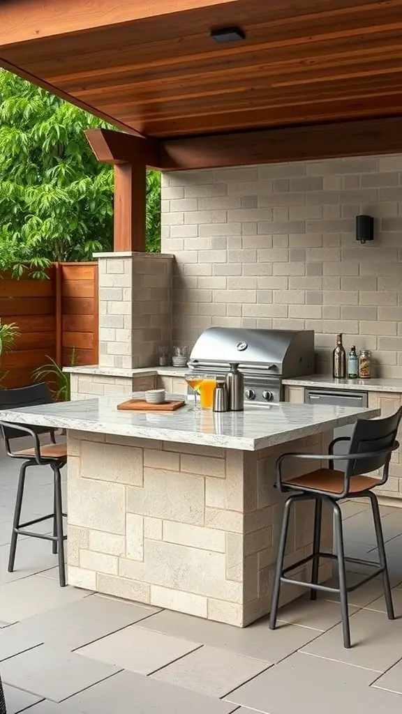 Outdoor grill island with a bar area, featuring a grill, bar stools, and a modern design.