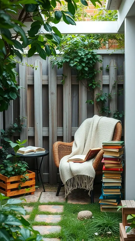 23+ Enchanting Cottage Core Backyard Ideas to Transform Your Outdoor Space 6 A cozy reading nook with a chair, blanket, and stacks of books surrounded by greenery.