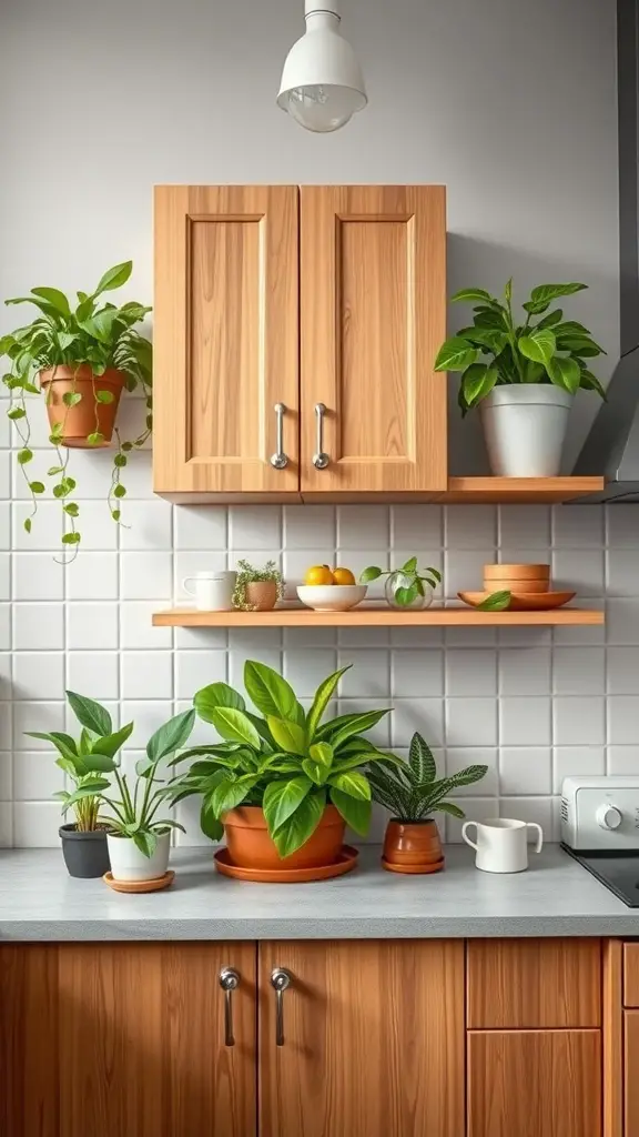 27+Creative Ideas for Decorating Space Above Kitchen Cabinets 8 A kitchen with wooden cabinets and various plants arranged above the cabinets and on the countertop.