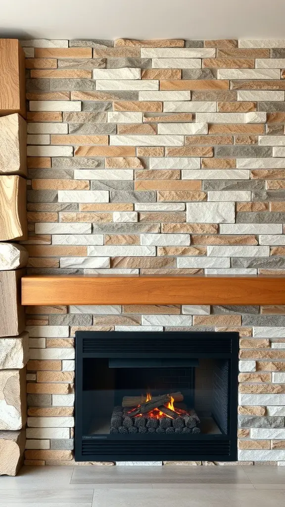 21 Stunning Fireplace TV Wall Ideas for Your Living Room 2 A modern fireplace wall featuring a mix of light and warm-toned stone with a wooden mantel.