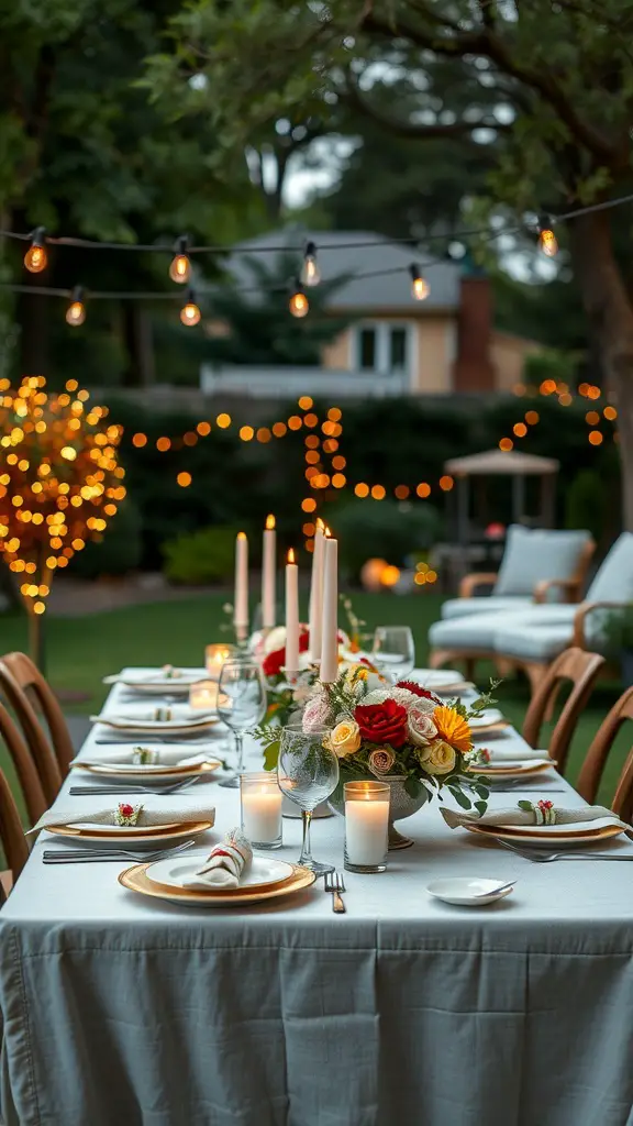21+ Backyard Engagement Party Ideas for an Unforgettable Celebration 5 A beautifully arranged outdoor dining table with candles, flowers, and string lights for an engagement party.