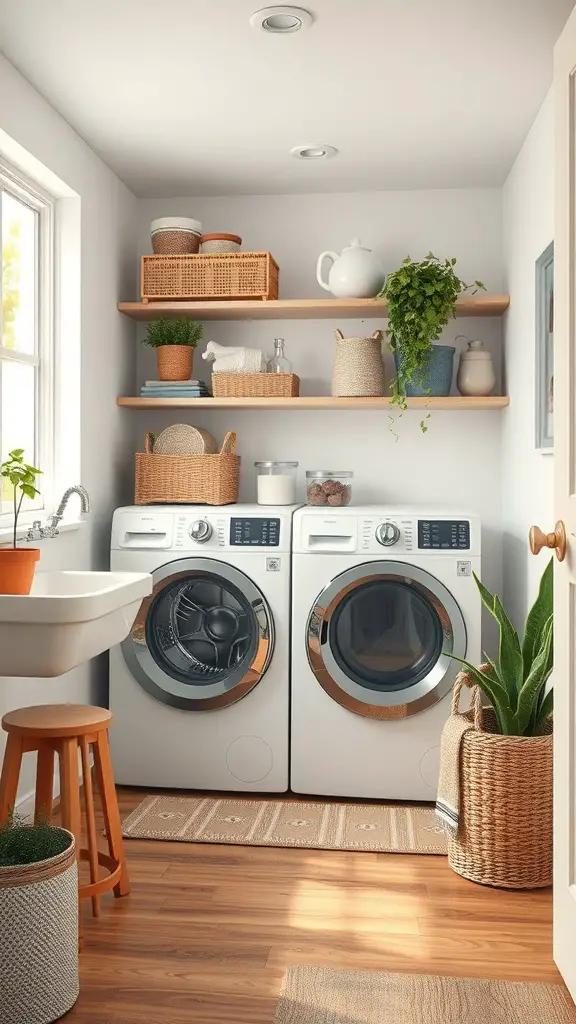 A bright and organized laundry room featuring modern appliances, natural decor, and plants.